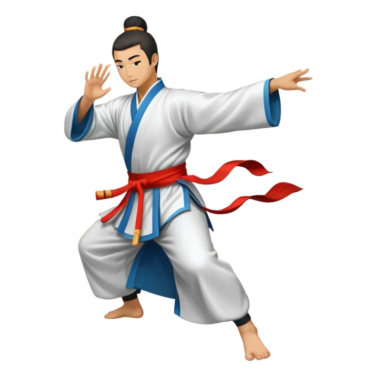 Emblem symbolizing Wushu martial arts. A graceful martial artist performs a dynamic kung fu pose, with flowing movements and a long, elegant robe. The background features stylized clouds and traditional Chinese symbols, representing fluidity, balance, and precision. Transparent background. sticker