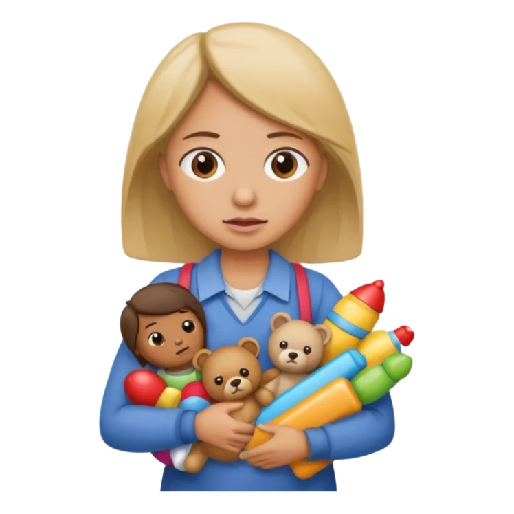 A kindergardenteacher carrying toys while looking exhausted and stressed. sticker