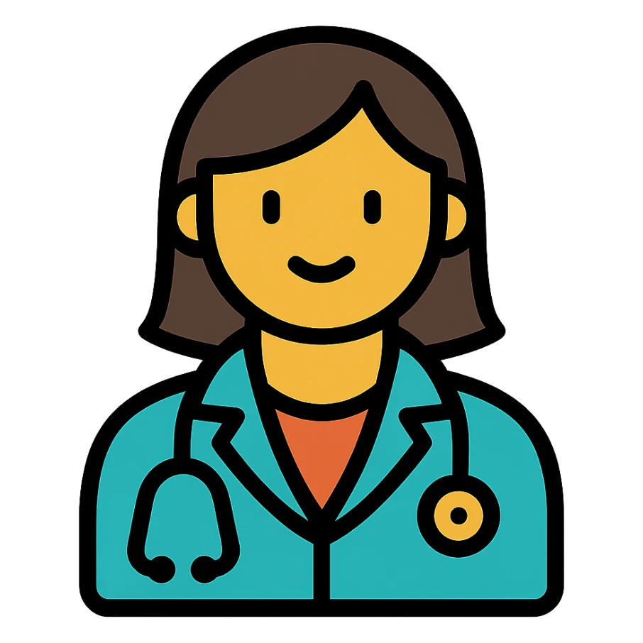 female doctor, modern medical attire, stethoscope, friendly expression, color outline icon style sticker