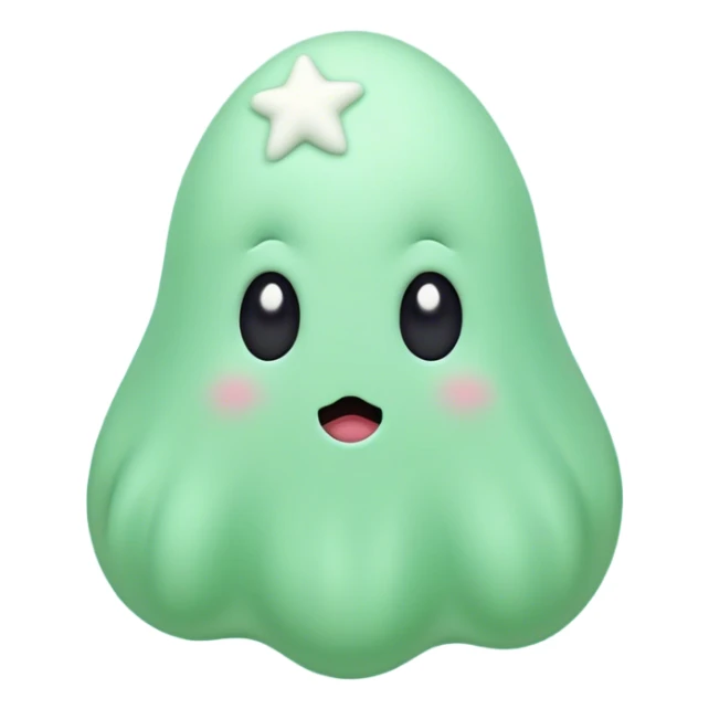 A cute, light green animated blob ghost with big round black eyes, a small white mouth, and rosy cheeks. The character has a unique upward-curving white tuft on its head. It stands against a soft pastel green background with a small white star to its left.  sticker