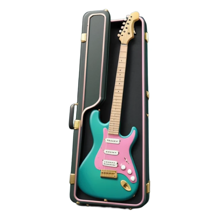 minimalist electric guitar in dark green with pink and blue stripe decal, closed inside a black rectangular hard case with gold latches, flat semi-3D style, soft matte textures, simplified details, stylized decal accent, compact artistic look sticker