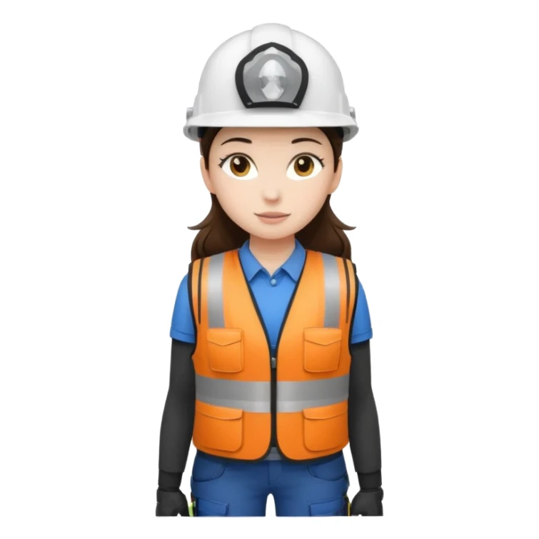 Brunette brown Girl full body standing with her white security helmet and security vest that fits her large on, also with her black backpack. Full body sticker