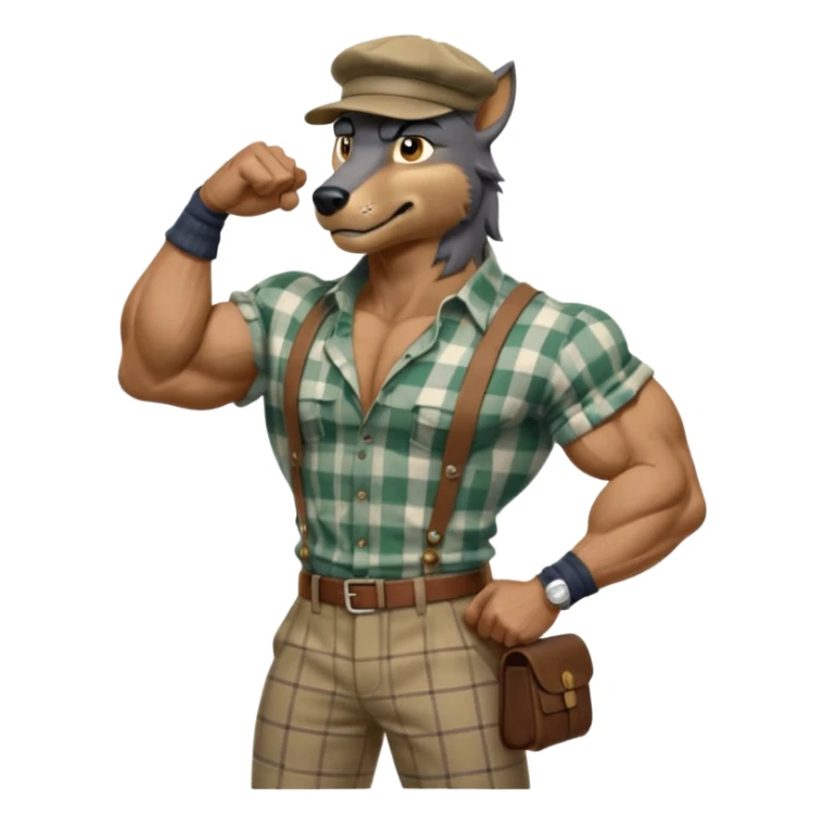 extremely super-duper hyper muscular wolf furry extremely exaggerated muscles with chiseled face, horse-length bullneck and an elongated snout, wearing a plaid dress shirt halfway buttoned, khaki dress slacks and very large newsboy cap on his head while flexing his bicep muscles sticker