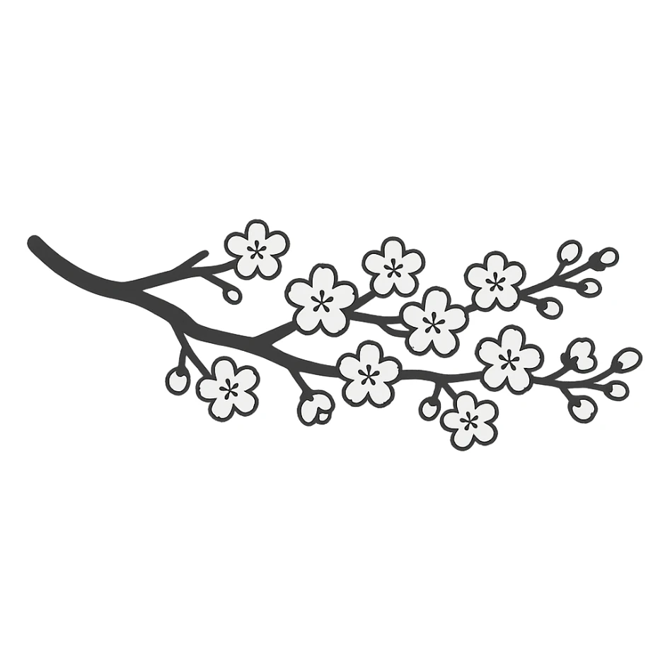 long single-color sakura branch in eastern style, many small flowers, no background, for sign decoration, 1200x100px sticker