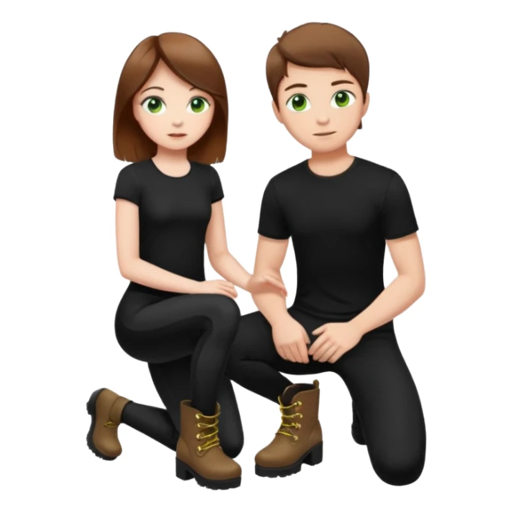 Create a Mistress with brown hair, green eyes, platform boots and black leggings and top and a boy next to her in his knees sticker