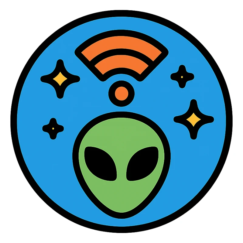 NASA-inspired symbolic logo for extraterrestrial intelligence search, stylized alien signal, stars, blue circular badge design sticker
