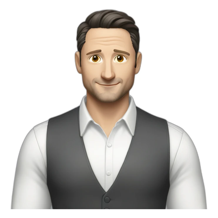 tim robinson dark black slicked back hair white shirt with a light grey vest sticker