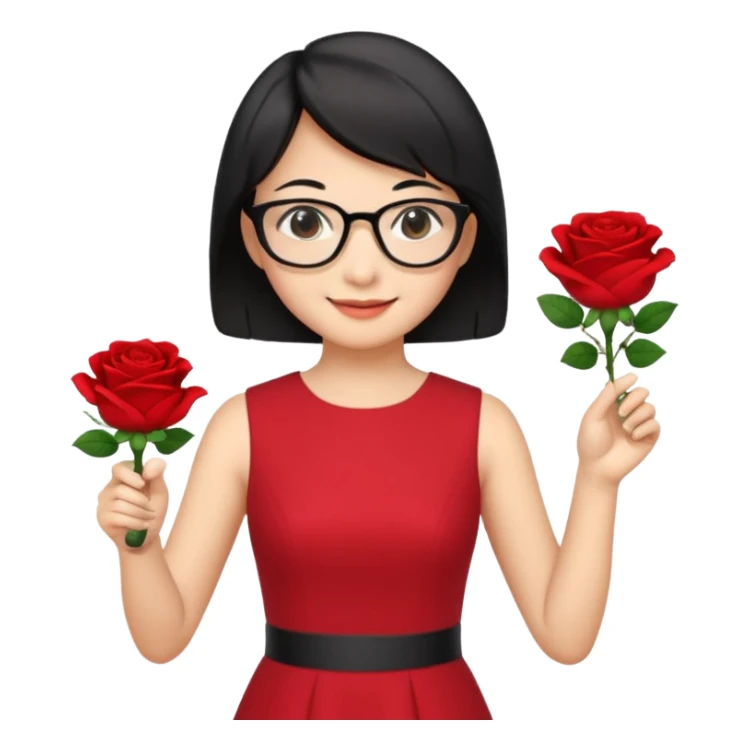 female asian chemistry teacher wearing glasses holdin a flask pointing right with straight short hair to her shoulders wearing a red dress with roses on it and black hair and make the glasses more retangle and make her hold a flash with one hand and with the other point right and make her smile sticker
