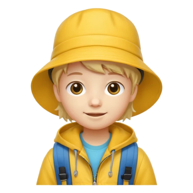 Little student wears yellow bucket hat and jacket, backpack, happy sticker