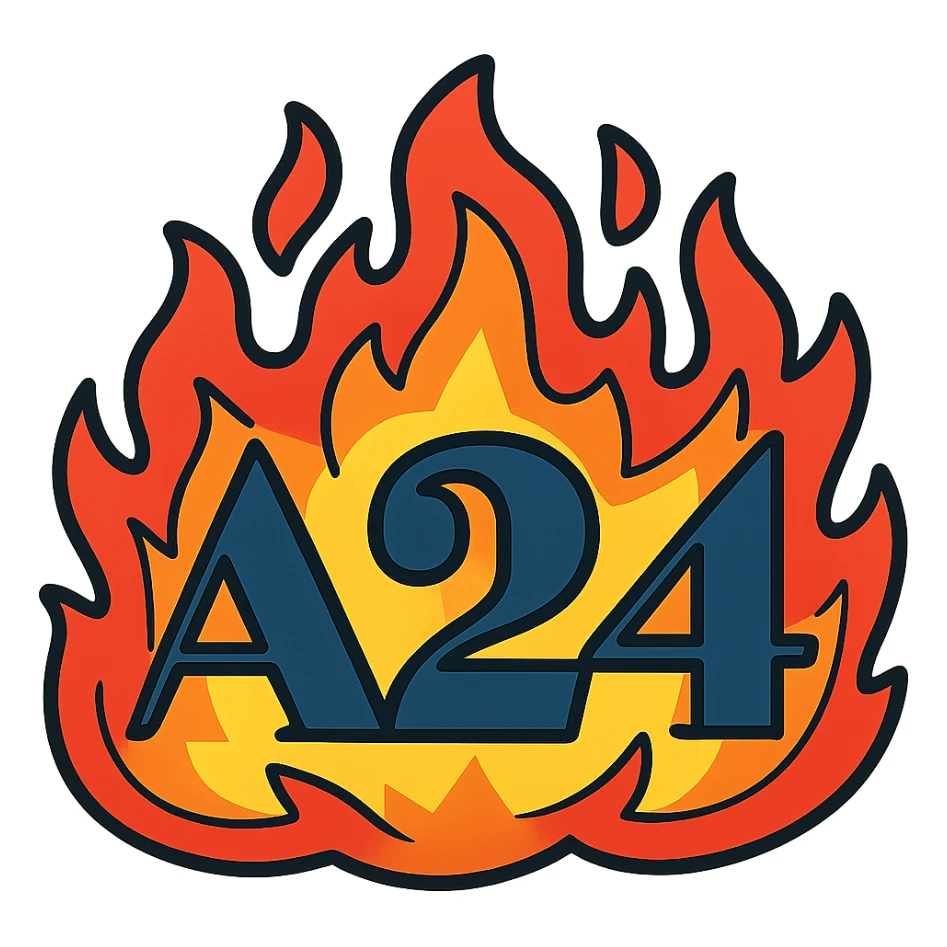 the A24 logo with stylized cartoon fire, vibrant colors, energetic, no background sticker