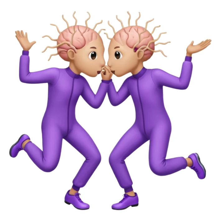 Last two brain cells dancing looking weird and kissing. not iphone emoji style. they wear purple jumpsuits sticker