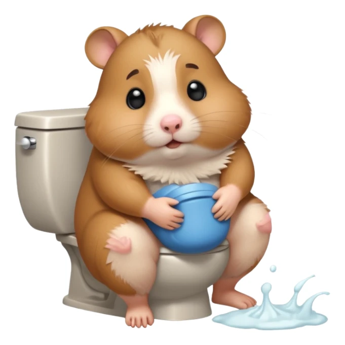 Cute chubby cartoon-style hamster sitting on toilet pooping looking as if he had an accident sticker