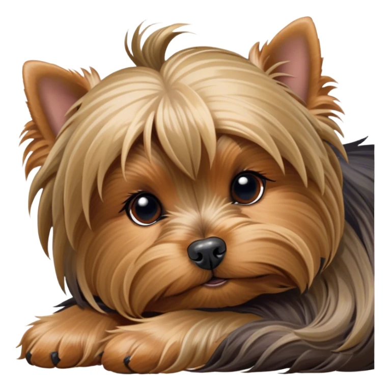 Meme-Worthy Cute Sleeping Yorkshire Terrier Portrait Emoji, Head resting gently with a peaceful, contented expression and softly closed, dreamy eyes, featuring a well-groomed, silky fur in rich hues, simplified yet irresistibly endearing, highly detailed, glowing with a gentle, drowsy radiance, high shine, exuding relaxed, heart-melting charm, styled with a soft glowing outline, capturing the essence of a sleeping Yorkshire Terrier that looks as if it could drift off into a sweet, meme-worthy slumber! sticker