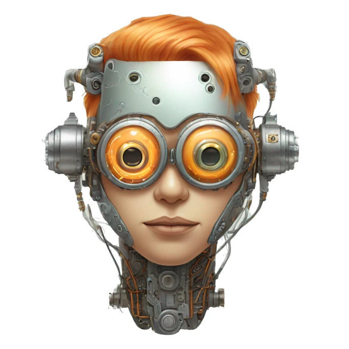 Pastel orange haired cyborg head with silver steampunk goggles and circuits sticker