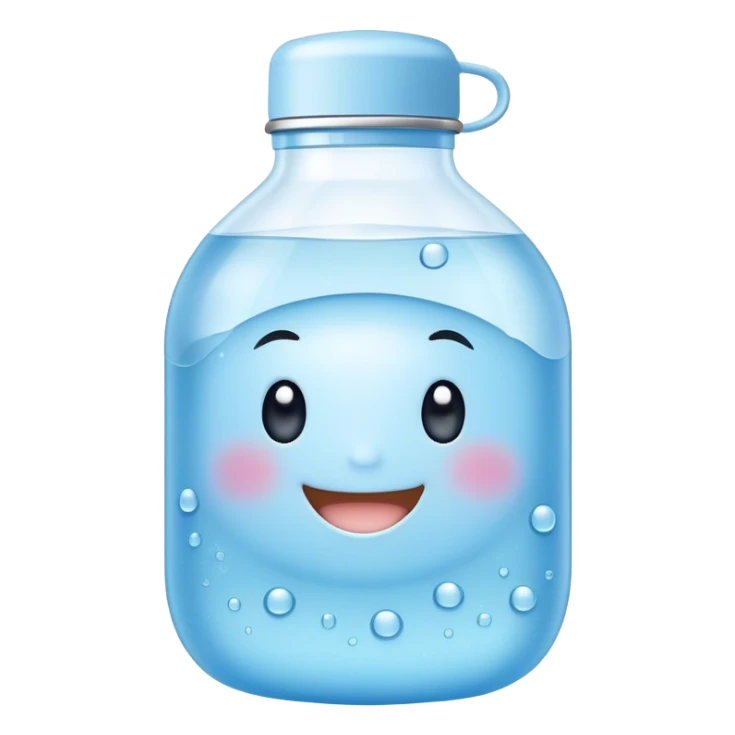 Cute Kawaii Water Bottle, round and bubbly, soft blue with tiny water droplets around, a happy smiling face, gentle glowing highlights, fresh and refreshing vibes! sticker