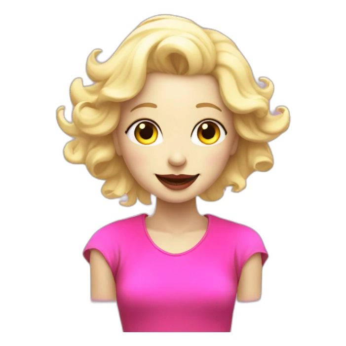 Joyful white humanoid with a fluorescent and playful pink shirt, passionate about programming and art, blond hair red lip round and black bezel sticker