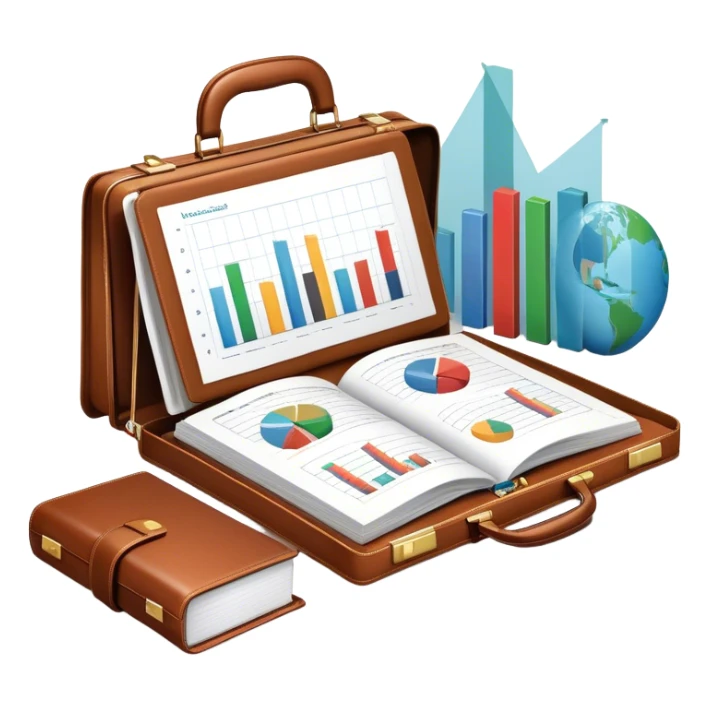 Icon for Business Reading: an open book with a graph and financial charts, a briefcase, a calculator, and a laptop nearby. The icon should represent the world of business, finance, and professional growth. Transparent background. sticker