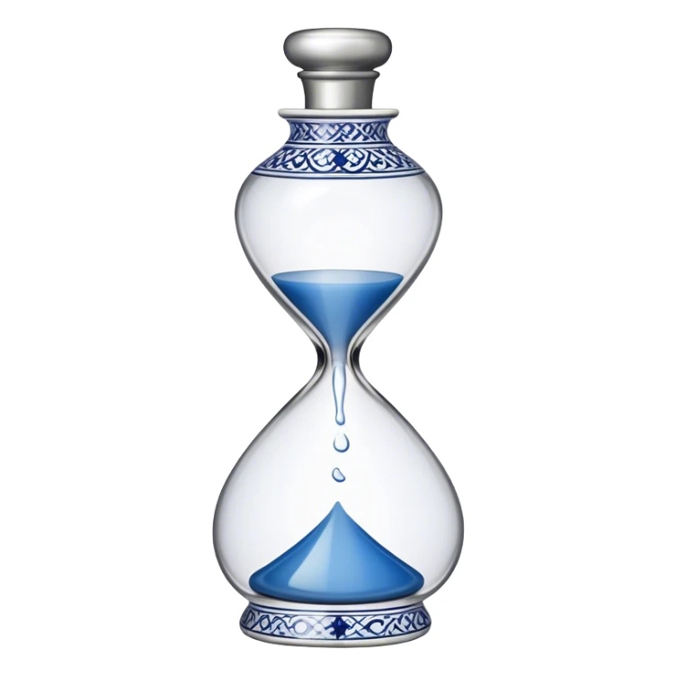 blue and white, intricate, porcelain, hourglass shaped tequila bottle with silver half circle top sticker
