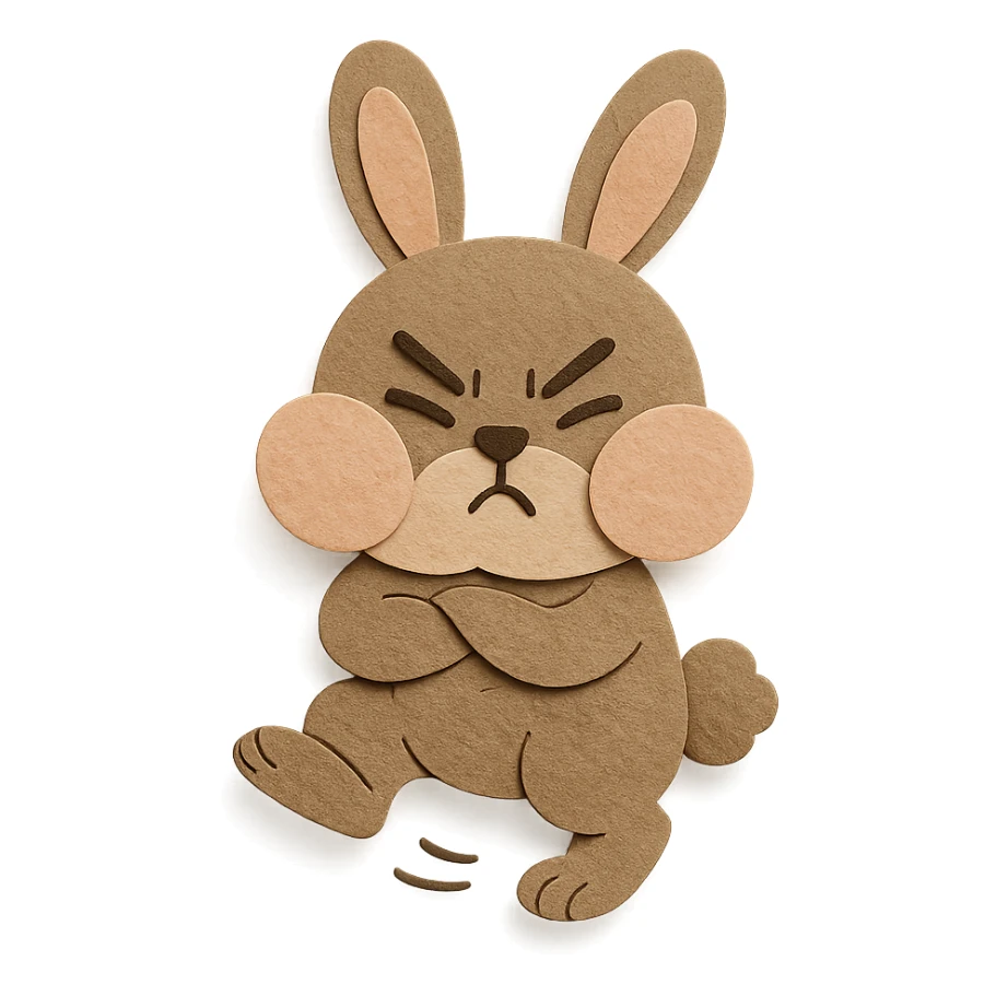 highly detailed, high quality paper craft style illustration of a mocha-colored bunny puffing its cheeks and stamping its foot, intricate textures, soft lighting, delicate cut-paper details sticker