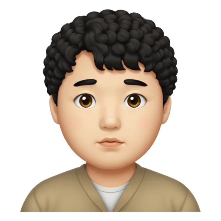 a Korean man in 20s with a curly hair and bangs, chubby cheeks, big monolid eyes , dark eyebrow, sticker