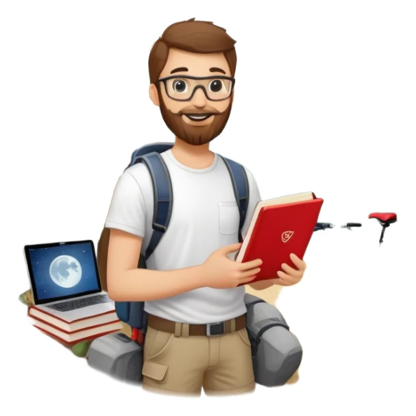 smiling young man with glasses, beard, white t-shirt, holding a red book, surrounded by hobby icons: mountain bike, laptop with code, hiking boot, climbing wall, bed with moon-and-stars, tree sticker