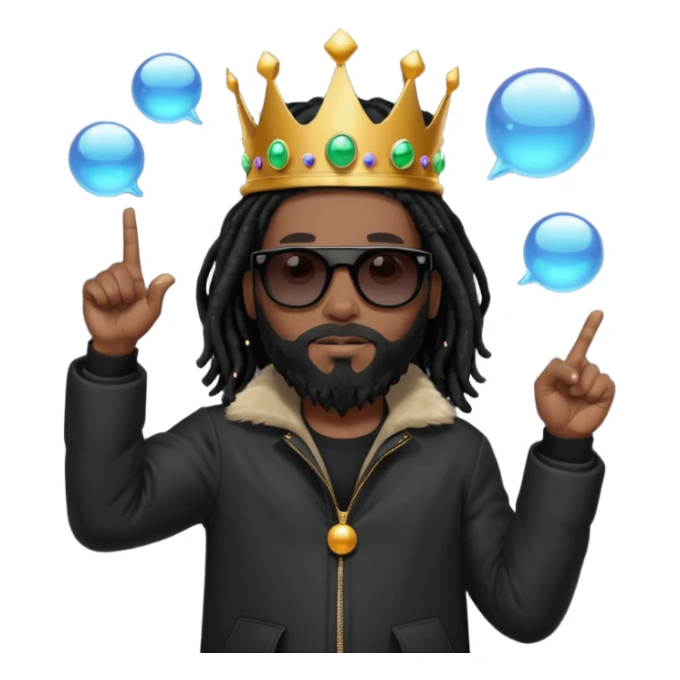 African American man with shoulder length black dreadlocks with black beard wearing black sunglasses wearing Crown on his head wearing a black bubble mens winter coat pointing at himself sticker
