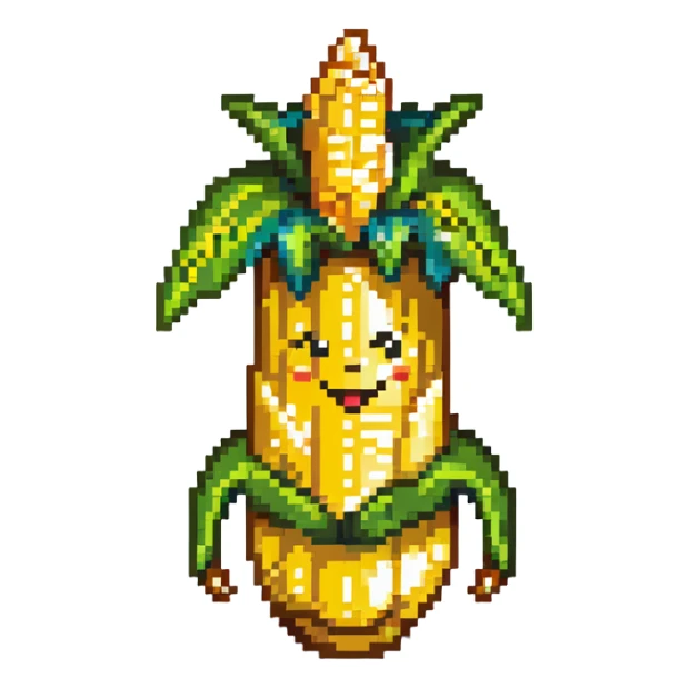 Corny Cob from Shopkins, a cute anthropomorphic ear of corn character with a yellow body, green husk at the top, and a smiling face sticker