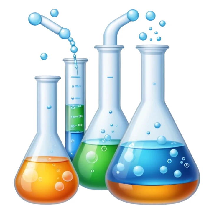 An icon featuring laboratory flasks with tubes, symbolizing chemistry. The design includes liquid and powder substances, a chemical reaction with bubbles, and molecular formulas, representing chemical processes like hydrolysis. Transparent background sticker