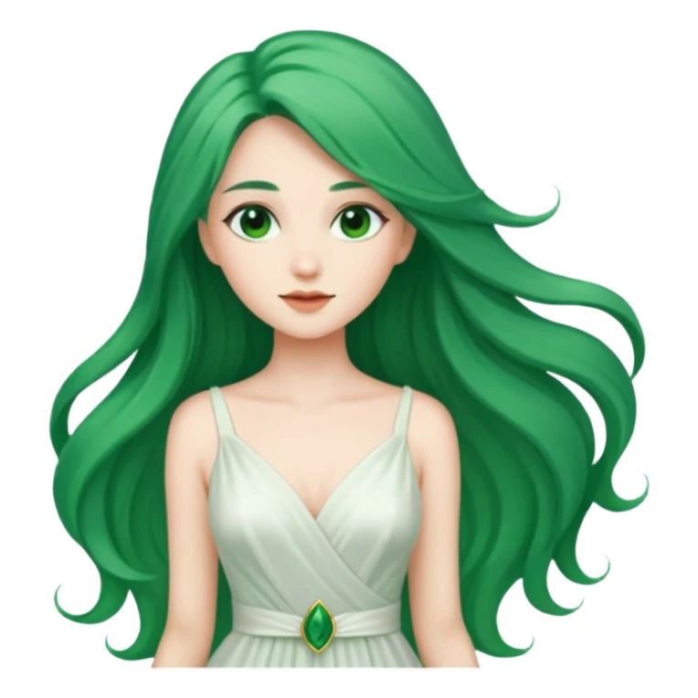 Woman with Long Emerald Hair – flowing green hair, elegant look, white dress sticker