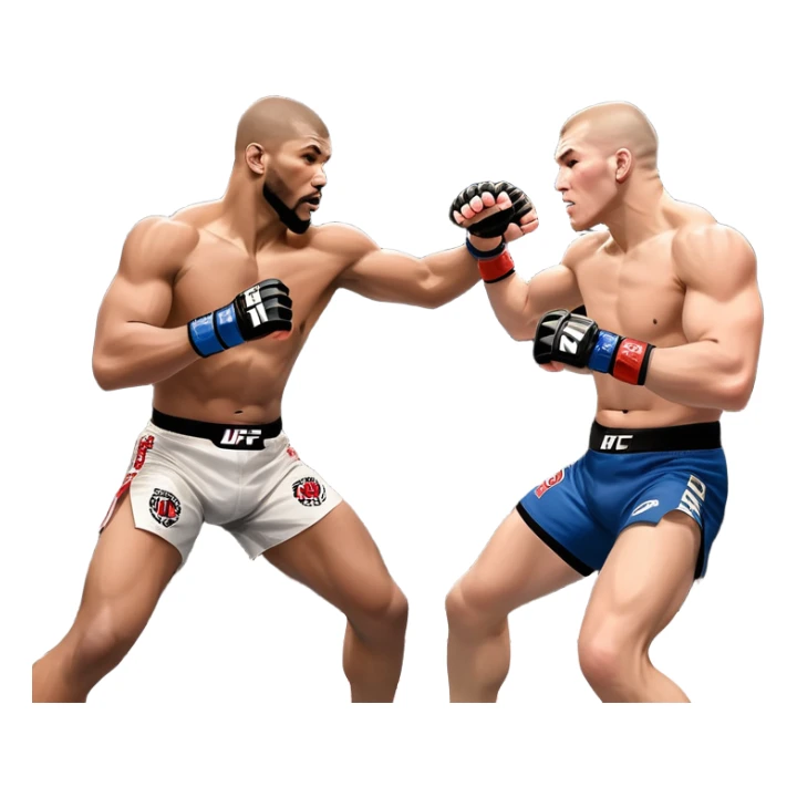 wo MMA fighters in the octagon, one delivering a strong punch while the other defends with a guard. The background shows the UFC octagon with the crowd in the distance. Transparent background emphasizes the dynamic intensity and skill of mixed martial arts. sticker