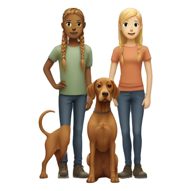 Two vizslas standing side by side with blond girl with braids sticker