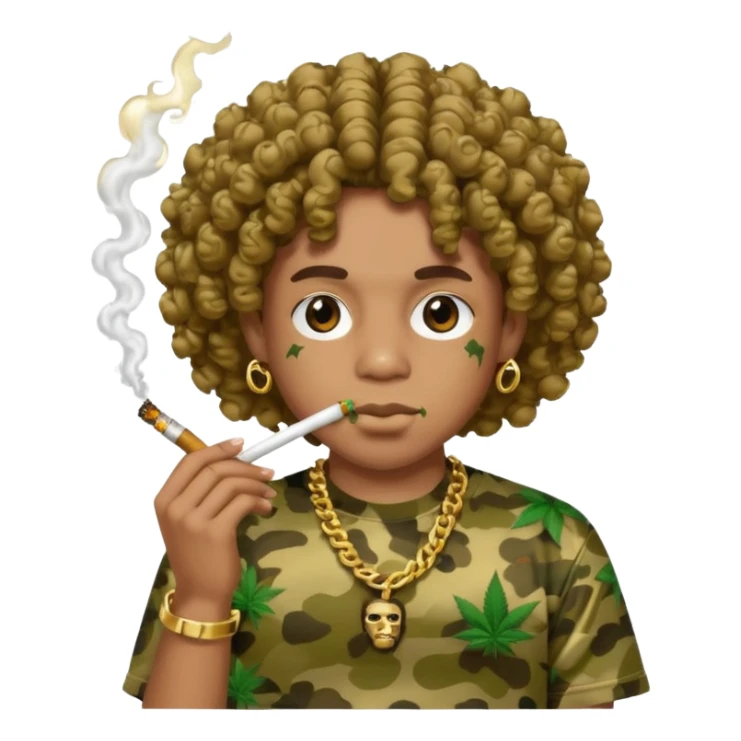 curly hair wearing bathing ape shirt smoking weed with grills sticker