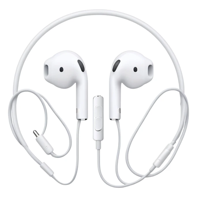 Ultra minimalist white Apple EarPods with cord coiled in a perfect circle, extremely simplified design with minimal details, basic clean outlines, just the essential shape of white headphones and wire in a circle, iOS style sticker