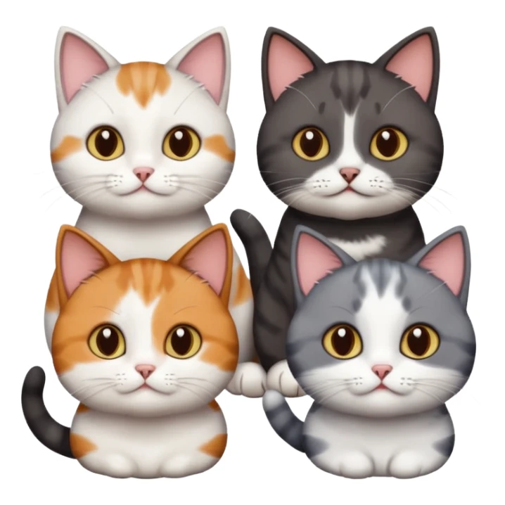5 different coloured short haired cats including; a dark brown and white cat, and a dark grey and white, and a calico sticker