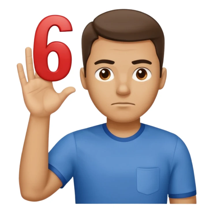 man frowning holding up numbers 6 in left hand and 7 in right hand sticker