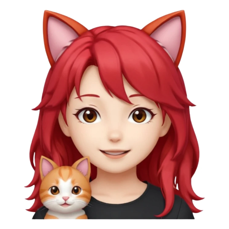 cute anime girl with cat ears, red blowing hair sticker