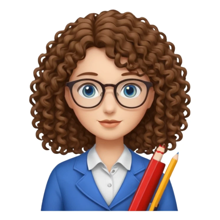 teacher blue eyes glasses curly brown hair long kind sticker