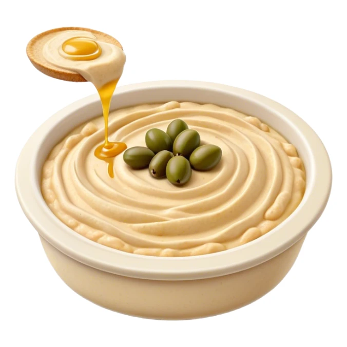 Cinematic Realistic Hummus Dish Emoji, depicted as a creamy chickpea dip drizzled with olive oil rendered with rich textures and warm, inviting lighting. sticker