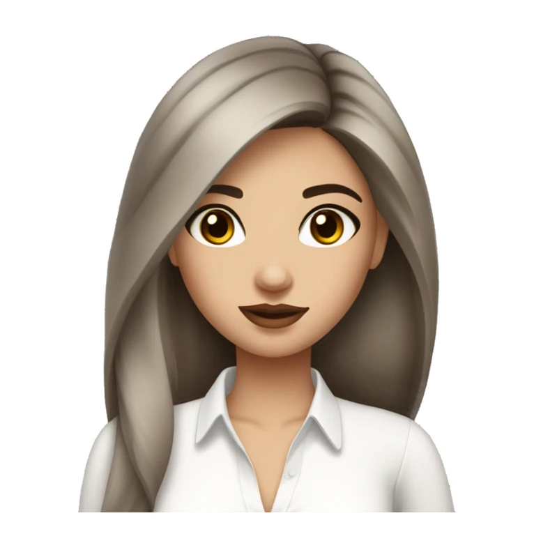 a beautiful brunette with long black eyelashes, straight brown hair, plump lips in a white blouse sticker