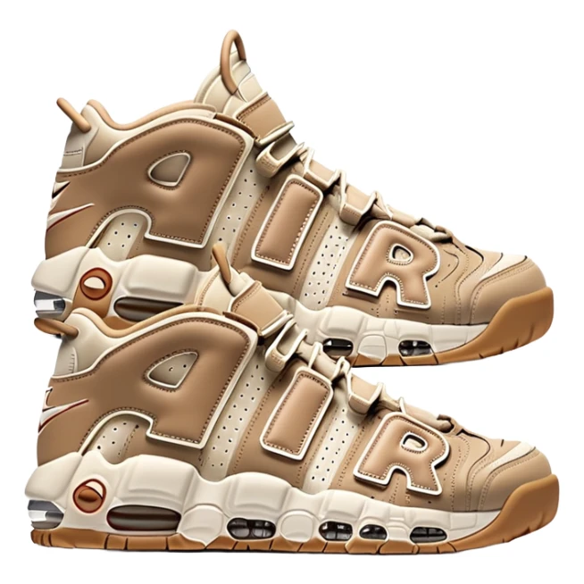 Two beige Nike Air More Uptempo sneakers arranged with one positioned behind the other, simple clean design with minimal details but distinct AIR lettering sticker