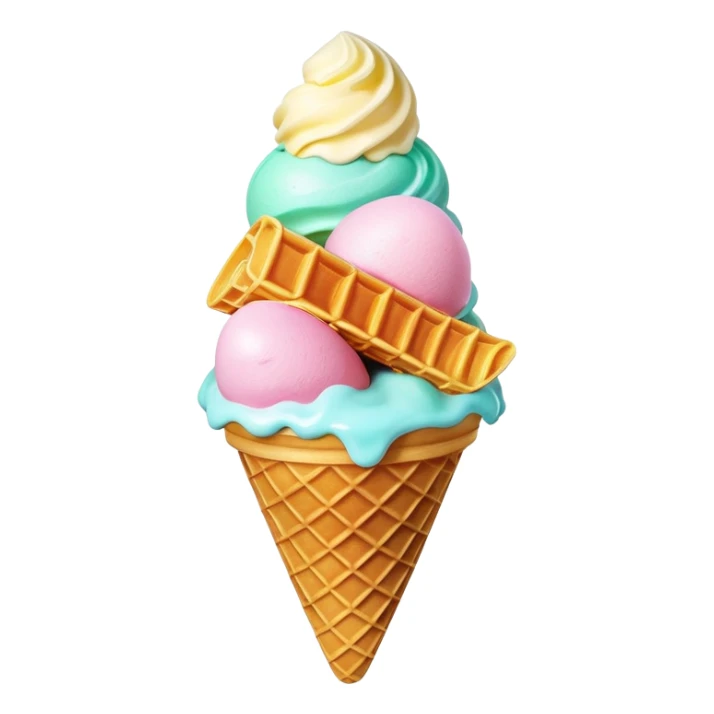 3D rendered Hong Kong egg waffle cone filled with colorful ice cream, hyper-realistic bubbled texture, glossy candy-like finish, vibrant colors, detailed texture, soft studio lighting sticker