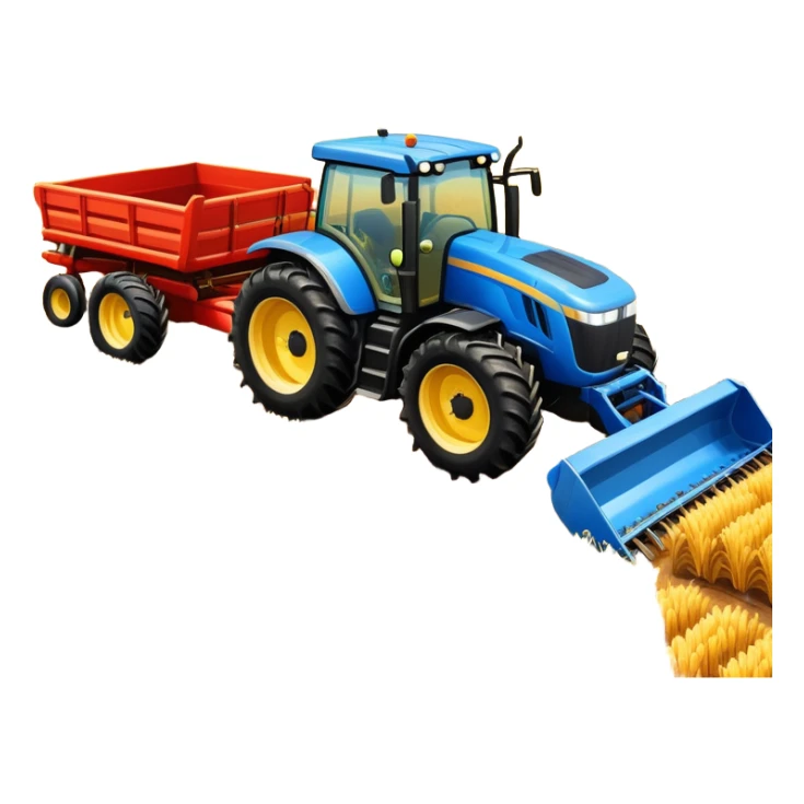 An icon representing a farming simulator, with a detailed tractor, plowing fields under a bright sky with a colorful rural landscape. The design includes farming tools, crops and barns, symbolizing the immersive experience of managing a farm. Transparent background. sticker