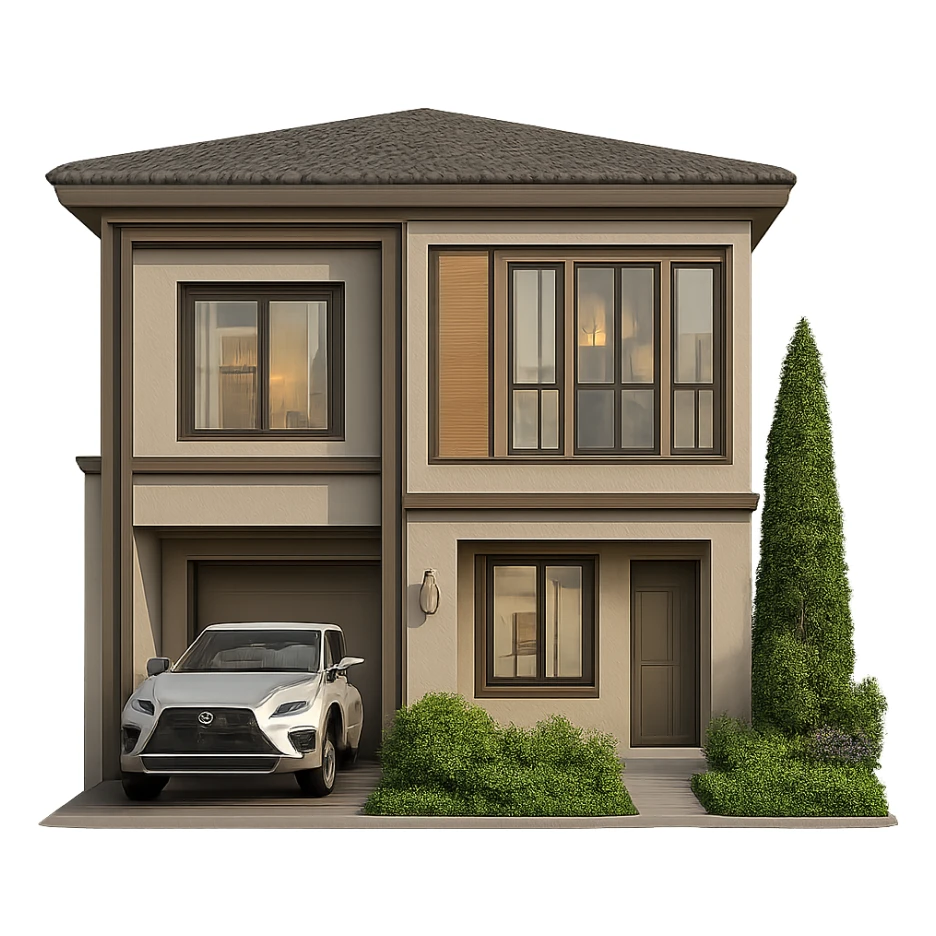 Cut the house in half vertically, showing only one side. Preserve about 70% realism with real colors and main architectural details. The original style is 3D emoji style, but since it does not support editing, use a general style editor to maintain the look as much as possible. Use a transparent background. sticker