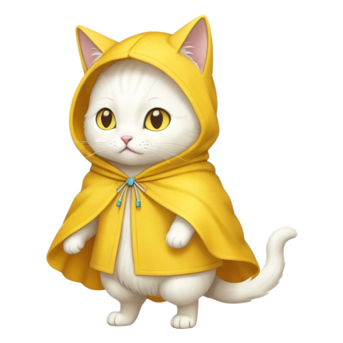 White cat on two legs wearing yellow hooded cloak sticker