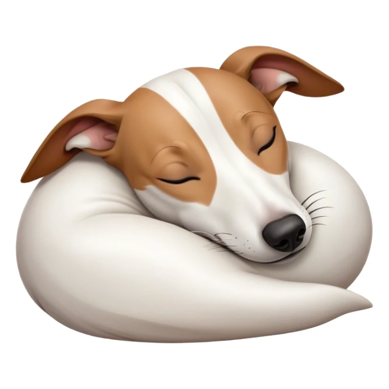 Meme-Worthy Cute Sleeping White and Brown Greyhound Portrait Emoji, Head resting peacefully with a contented smile, showcasing a lean, graceful build and a luxuriously smooth Fur of white with brown accents, eyes shut in a serene nap, Simplified yet hilariously adorable features, highly detailed, glowing with a soft, drowsy light, high shine, relaxed and utterly lovable, stylized with an air of playful laziness, bright and heartwarming, soft glowing outline, capturing the essence of a comically sleepy racer, so meme-worthy it feels like it could instantly become the next viral sensation of adorable slumber! sticker