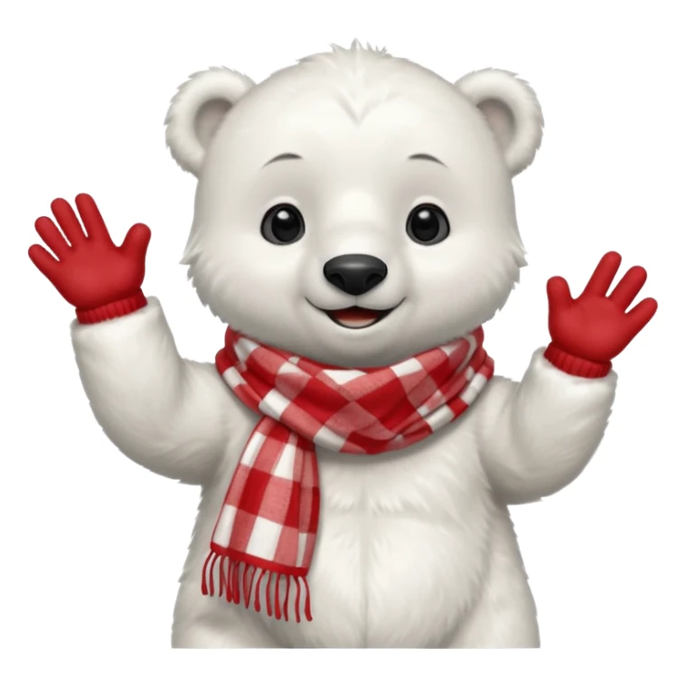 baby Polar Bear, smiling, hi five, wearing red Checkered Triangle scarf sticker