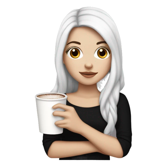 white girl with black long hair and a hot chocolate sticker