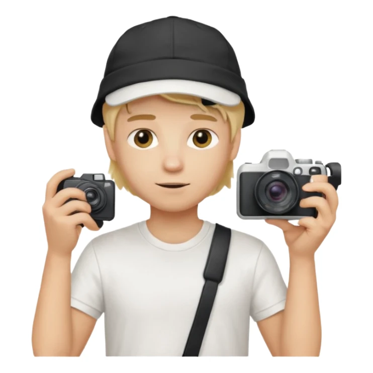 Young male, holding camera, white t-shirt, cap, blond hair sticker