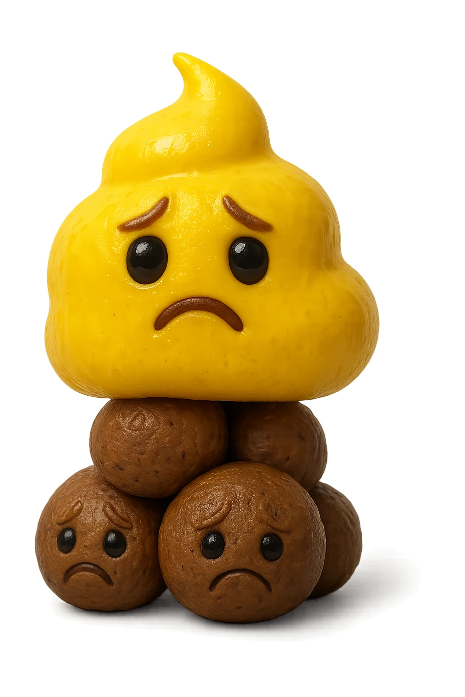 emoji stile iphone di una cacca giallina e liquida con espressione triste, sopra una montagnetta di feci a palline con espressione triste, iperrealistico 4k sticker