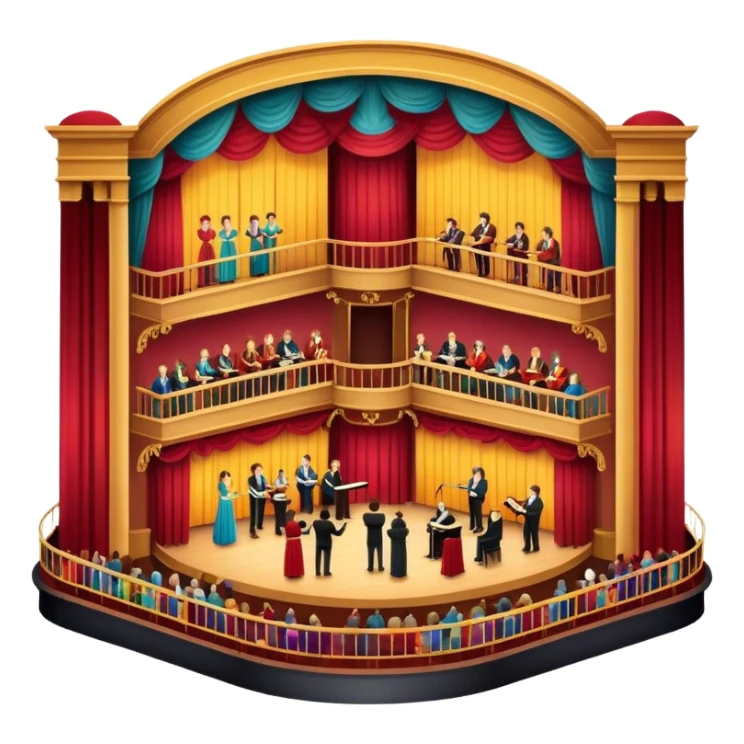 An icon depicting a theater stage with actors performing a play, illuminated by dramatic lighting. The audience watches from colorful balconies, while an orchestra plays in the pit, creating an immersive atmosphere. transparent background. sticker